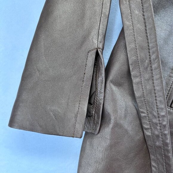 Express Vintage Leather Long Jacket Womens Size 13/14 Gold Bronze Waist Tie - Picture 8 of 16